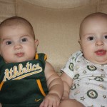 We didn't go to a game but I couldn't resist dressing them in their A's outfits. Go A's!